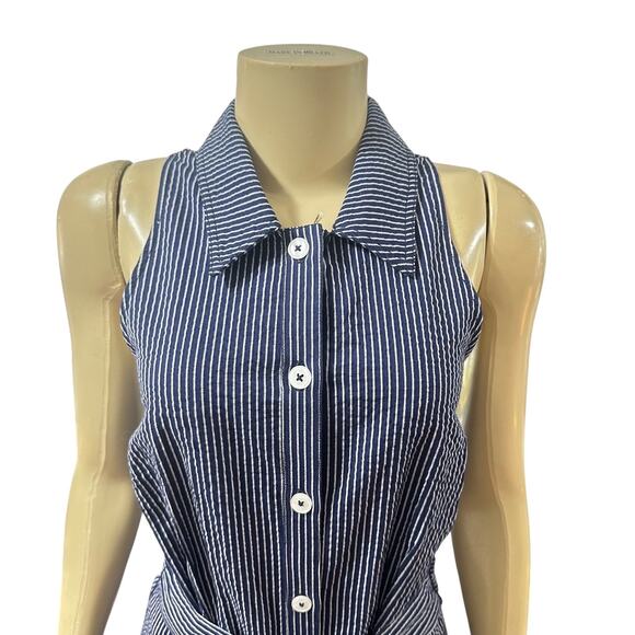 Anthropologie Maeve Size 10 Jumpsuit Wide Leg Blue Collared Striped Modern Chic - Picture 4 of 15